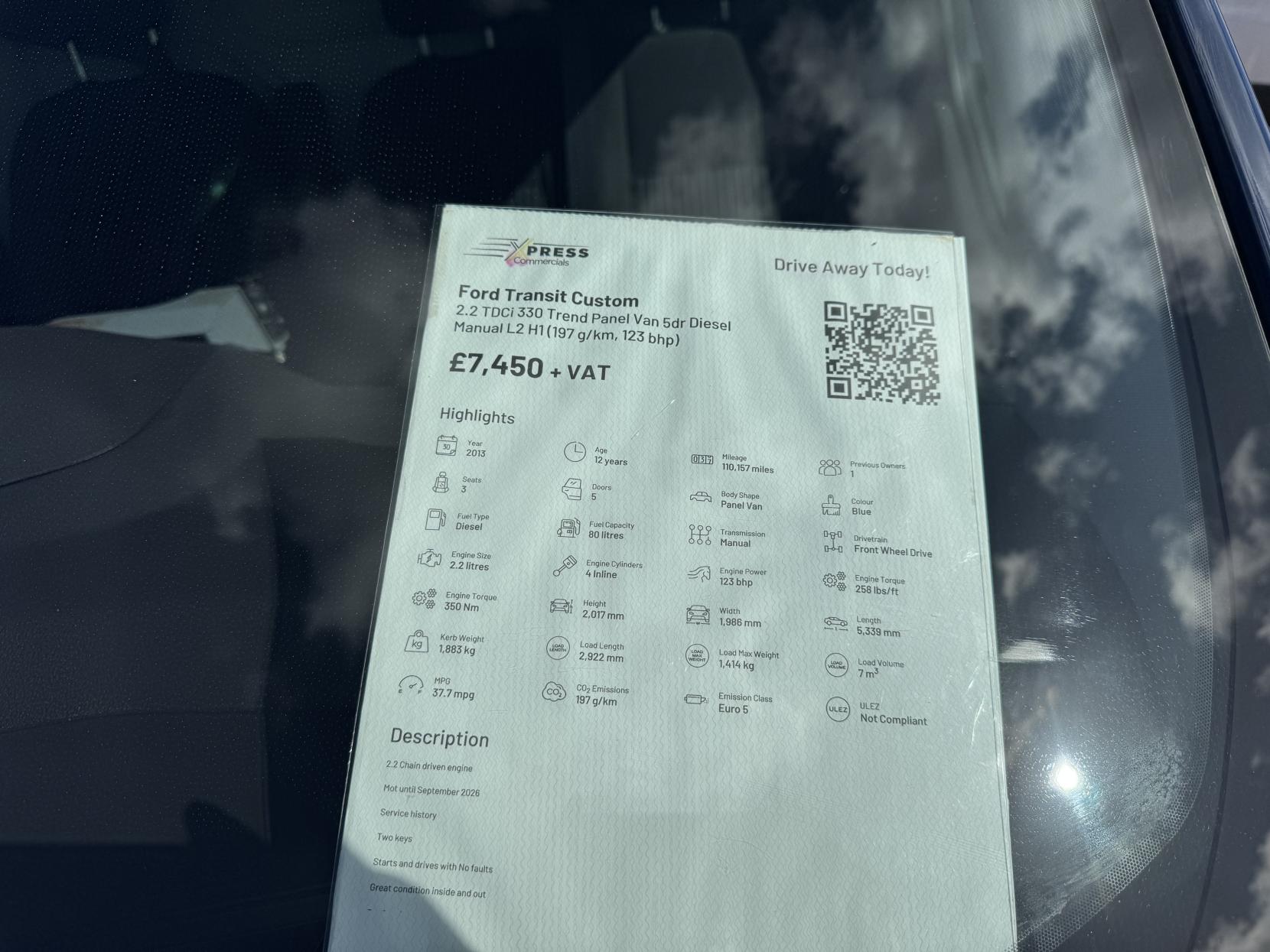 Ford Transit Custom 2.2 TDCi 330 Trend Panel Van 5dr Diesel Manual L2 H1 (197 g/km, 123 bhp)